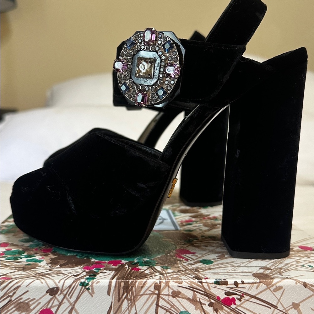Prada Black Velvet Heels with Embellished Buckle 39